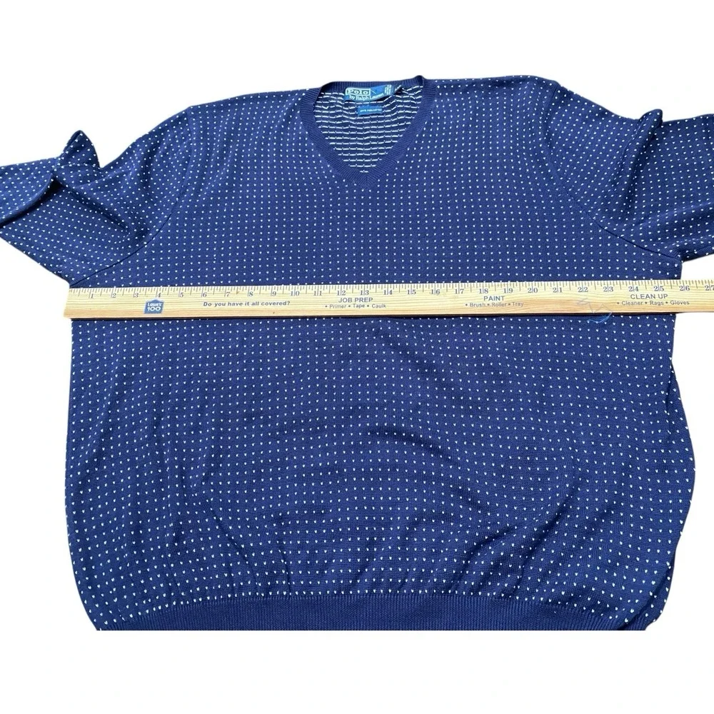 VTG 90's Polo Ralph Lauren Sweater XXL Blue White Dot Pattern V-Neck 100% Cotton